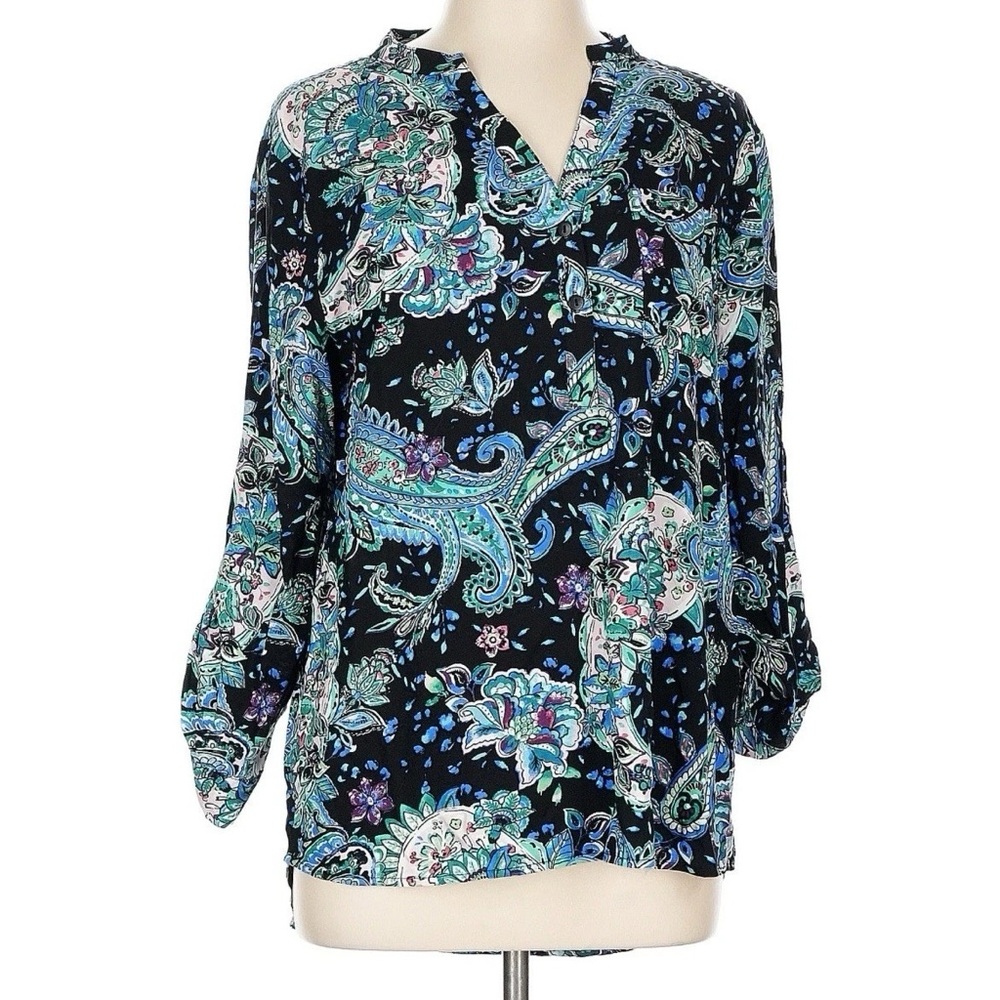 Bailey & Chloe Floral Popover 3/4 Sleeve Blouse Shirt Tunic Top Womens Sz M